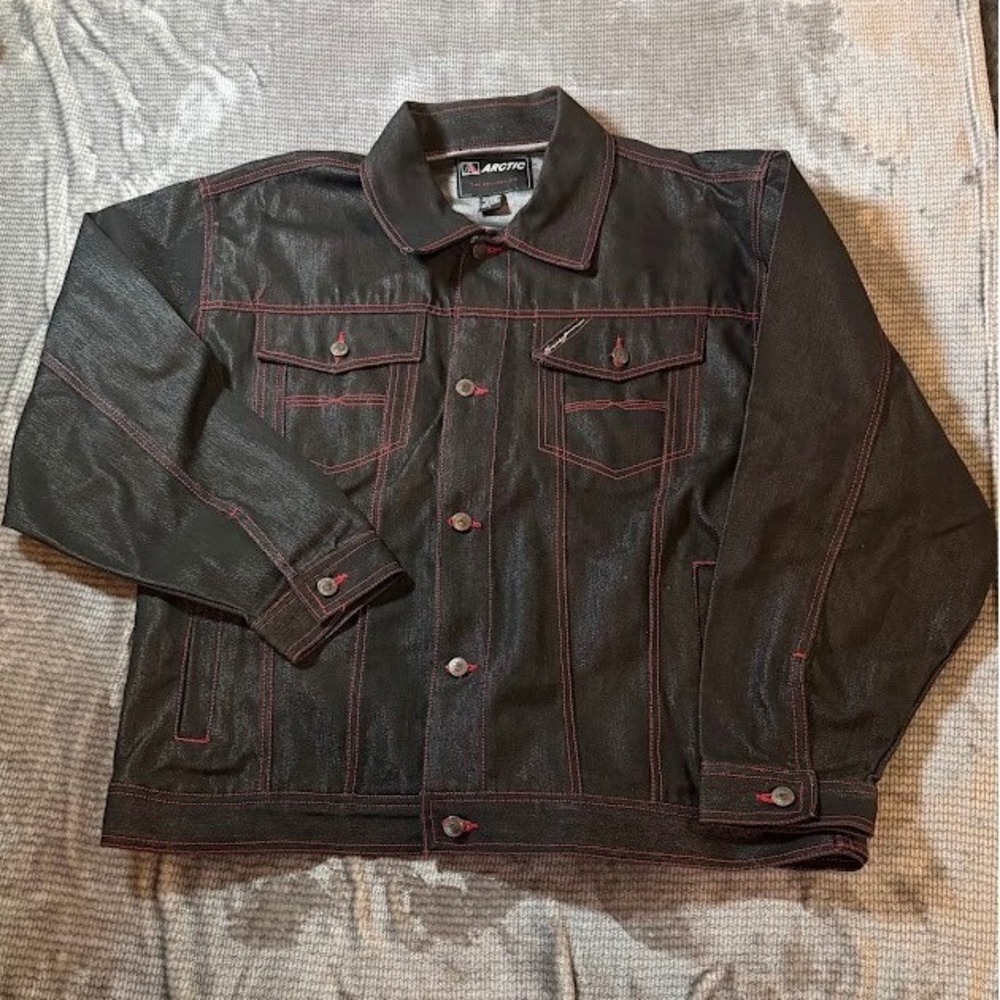 Arctic The Collection Mens Black Denim Trucker Jacket Red Contrast Stitch Large